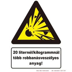   20 liternél/kilogrammnál több robbanásveszélyes anyag tábla, utánvilágító TB-02852